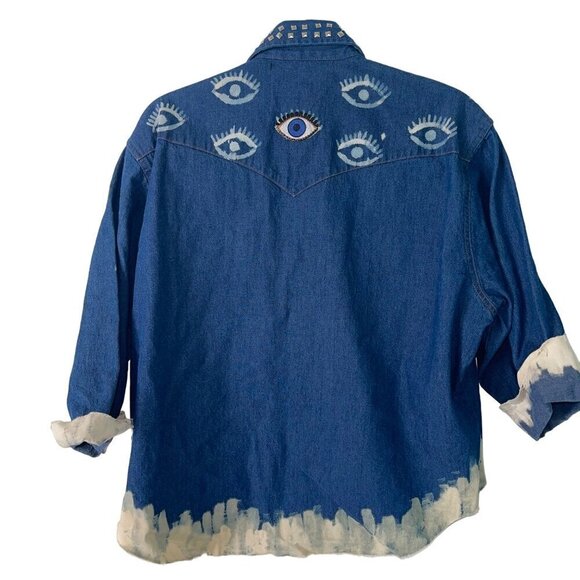 2ndz Mens Shirt Size Medium Blue Custom I See You Embroidered Pockets Denim New - Picture 2 of 7